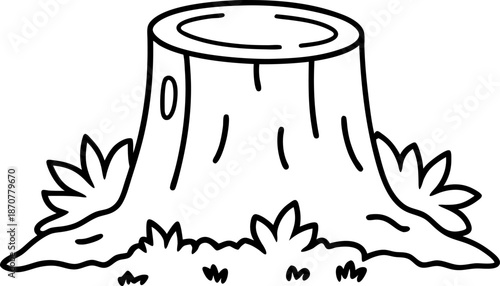 Tree stump with grass and leaves around, nature cut trunk base illustration
