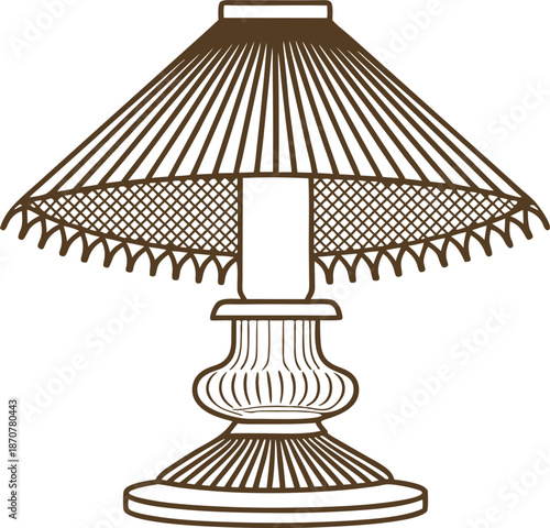 Vintage table lamp with ornate decorative base and pleated lampshade illustration
