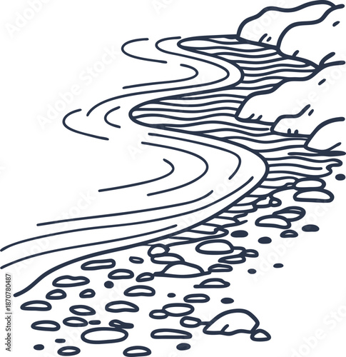 Curved river flowing between rocky banks, smooth water with scattered stones along the shore