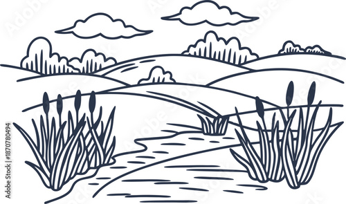 countryside river landscape with hills, clouds, and reed plants along the water