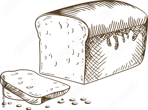 Hand drawn loaf of bread with two sliced pieces and scattered crumbs, vintage bakery illustration