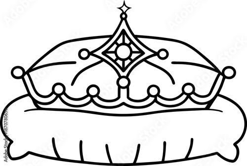 Ornate royal crown resting on a plush cushion, elegant design with decorative jewels and intricate details