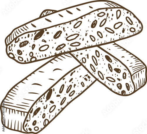 hand drawn biscotti cookies with nuts close up illustration on white background