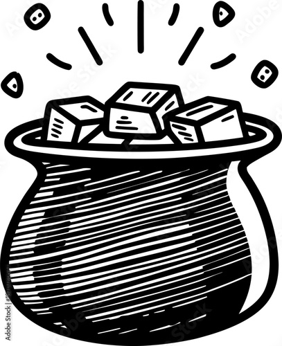 Black pot filled with shiny gold bars and coins, treasure and wealth concept illustration