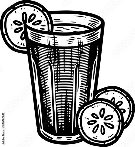 Glass of cucumber juice with cucumber slices, refreshing healthy beverage drink concept