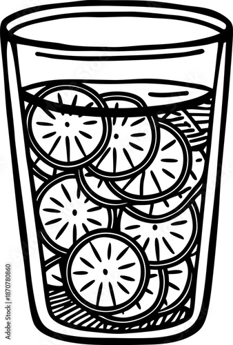 Glass filled with sliced cucumber pieces for refreshing drink or detox water concept illustration