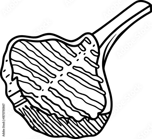 Grilled steak on spatula isolated line art illustration, barbecue meat cooking utensil