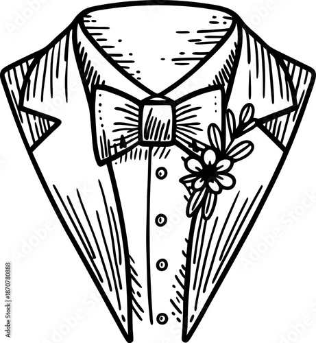 Classic tuxedo jacket with bow tie and boutonniere, formal elegant menswear design