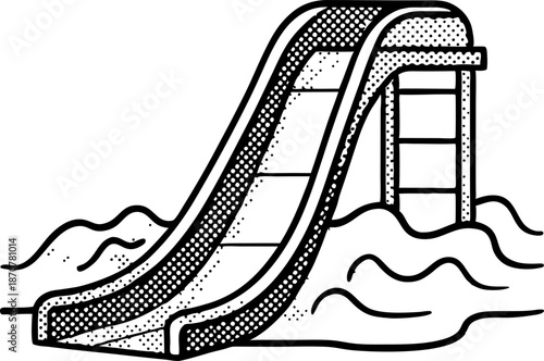 Water slide in pool with splashing water waves, summer outdoor fun and recreation concept