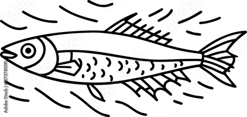 Simple black and white line drawing of a single fish swimming with motion lines