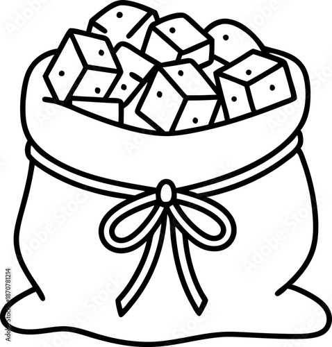 Bag filled with dice hand drawn illustration of gaming dice inside a tied cloth sack