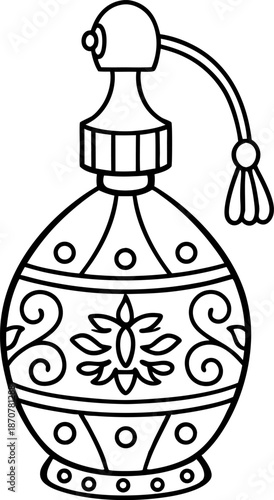 Vintage perfume bottle with ornate floral design and atomizer pump