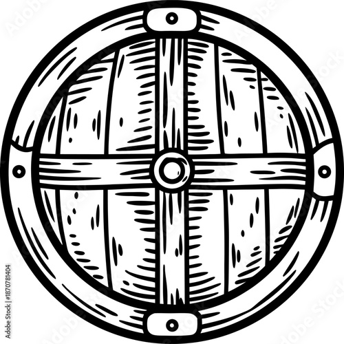 Round wooden shield with metal reinforcements, medieval weapon defense illustration
