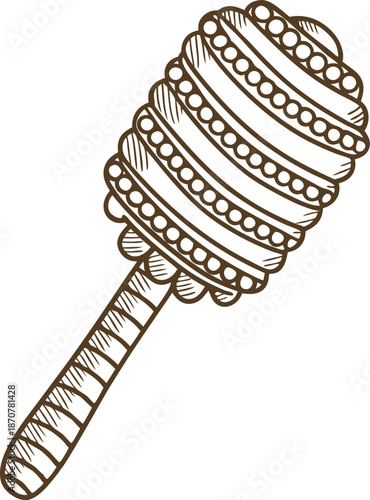 Honey dipper wooden stick with grooves traditional bee honeycomb syrup drizzler tool illustration