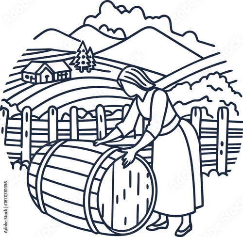 Woman rolling a wooden barrel outdoors near fence with farm landscape and mountains