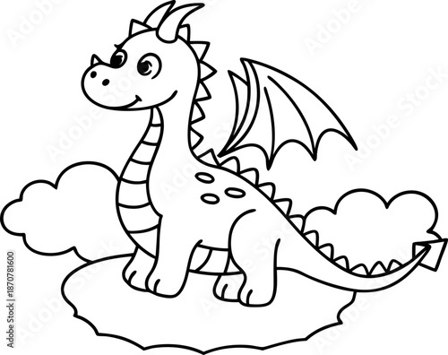 friendly dragon standing on rock with clouds in background, fantasy creature illustration