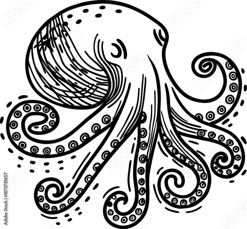 octopus illustration with curled tentacles and suction cups in black and white