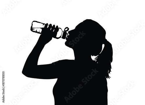 Black silhouette of a woman drinking from a water bottle, emphasizing hydration and wellness.