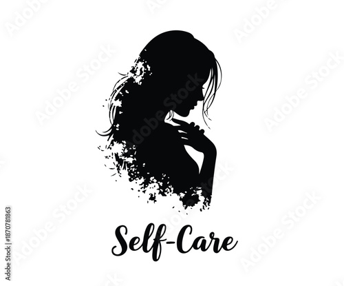 Black and white silhouette of a woman in contemplative pose, emphasizing self-care and reflection.