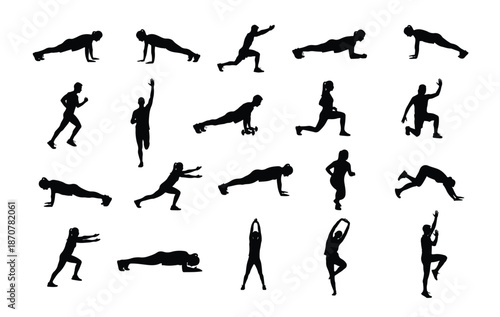 Collection of black silhouettes performing various fitness exercises, ideal for health and fitness themes.