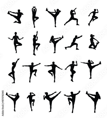 Collection of 20 black silhouettes showcasing dancers in various poses and movements, ideal for fitness and dance themes.