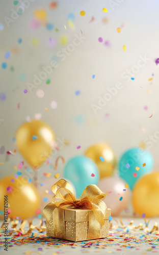 Golden gift box with ribbon on festive background with balloons and confetti. Concept of birthday, holidays, Black Friday sales, promotions, discounts, shopping events, joyful moments, copy space.