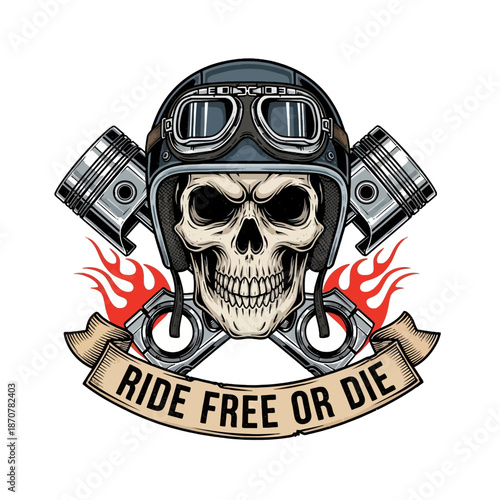 Motorcycle skull emblem with goggles and pistons, symbolizing freedom and rebellion on the open road.