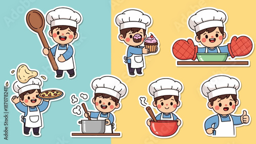A cartoon chef character in various kitchen roles and actions on a split colored background
