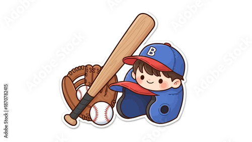 Young baseball player kneeling with bat and glove in a playful pose