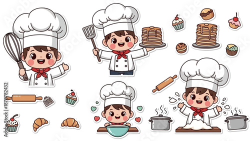 A cartoon chef prepares various sweet treats in a kitchen, showcasing baking skills and culinary creativity with cooking utensils and ingredients.
