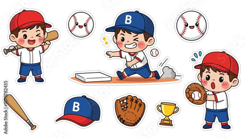 Young baseball players in action, playing, training, and celebrating, surrounded by baseball equipment and trophies in a lively cartoon illustration