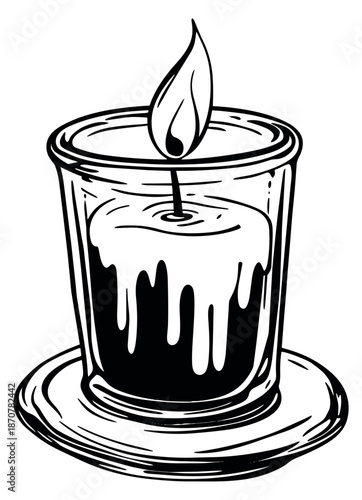 Hand drawn line art illustration of a candle in a glass depicting a lit flame and dripping wax for creating a warm ambiance