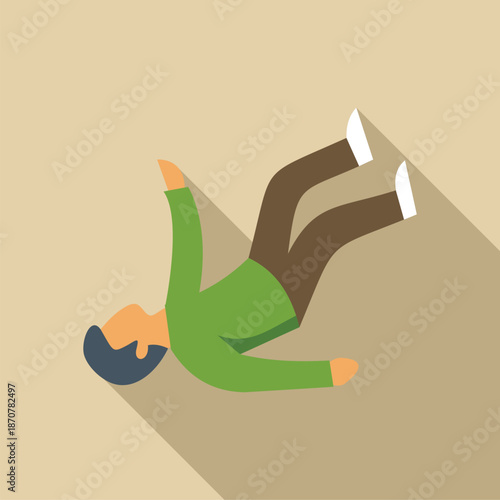 Casual young man falling down on a beige background, accident and clumsiness concept