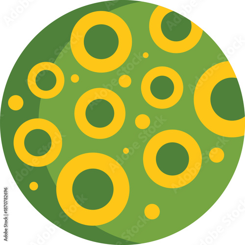 Green planet with craters is representing a far away galaxy, undiscovered planet in another solar system, colorful illustration