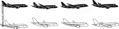airplane, aircraft, plane, aviation, transport, travel, flight, jet, silhouette, vector, icon, airline, passenger, commercial, 