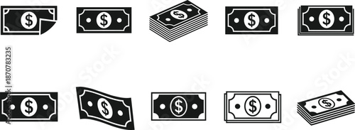 money, dollar, cash, banknote, bill, currency, finance, payment, icon, symbol, vector, silhouette, wealth, 