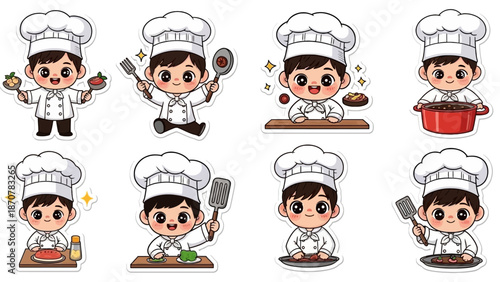 A cartoon chef prepares a meal in various kitchen scenes with different cooking utensils and ingredients.