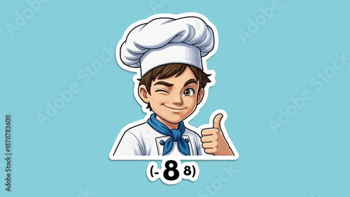 A cartoon chef giving a thumbs up in a white uniform and hat against a plain blue background