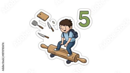 Young boy riding a wooden roller skateboard with tools floating around him, showcasing a fun moment