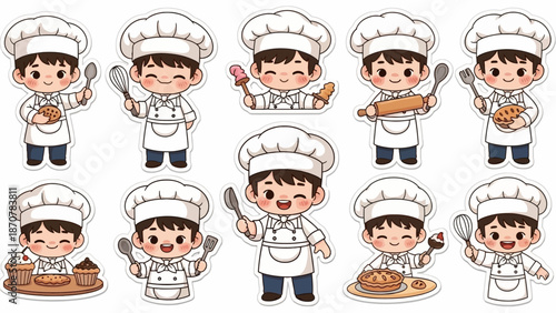 A cartoon chef in various poses with cooking utensils and baked goods on a white background