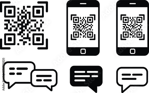 Digital interface icons featuring black silhouettes of QR codes with scan frames, smartphones scanning codes, and speech bubble chat symbols for mobile communication.