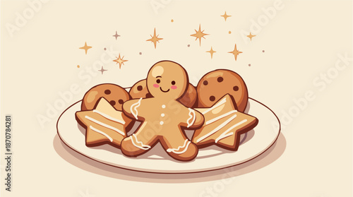 Festive cookie plate vector featuring gingerbread man, star-shaped iced cookies, and chocolate chip rounds. Cute holiday baking illustration with sparkles for seasonal design.