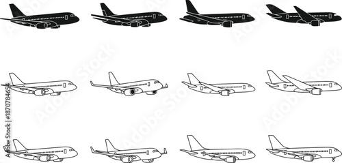 airplane, aircraft, plane, aviation, transport, travel, flight, jet, silhouette, vector, icon, aeroplane, passenger plane, 