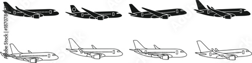 airplane, aircraft, plane, aviation, transport, travel, flight, jet, silhouette, vector, icon, airline, passenger, commercial