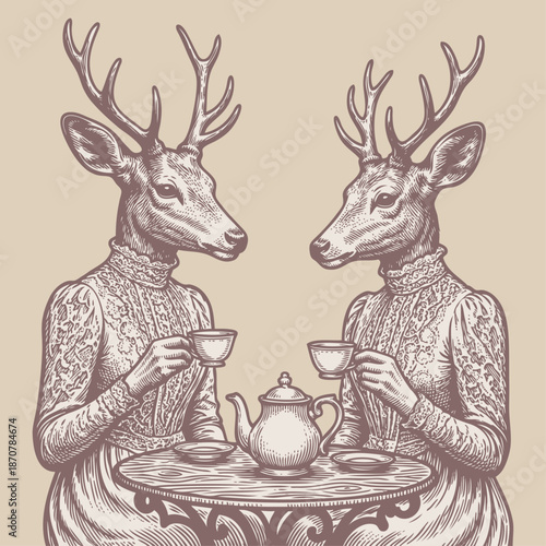 Two anthropomorphic deer in vintage dresses having a tea party. Surreal hand-drawn vector illustration in a classic engraving or woodcut style.