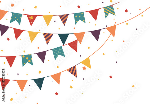 Diagonal strings of colorful bunting flags with stars, stripes, and polka dots. Festive vector decoration with confetti for party, celebration, and event design themes.