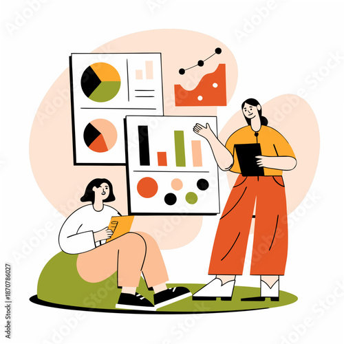 Two businesswomen analyzing data and presenting results in modern office