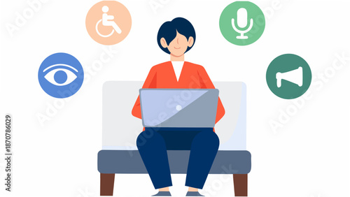Person using laptop with accessibility icons around them