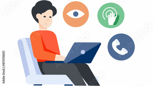 Person working on laptop with communication and vision icons