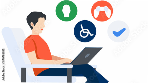 Man using laptop with accessibility icons for inclusive design